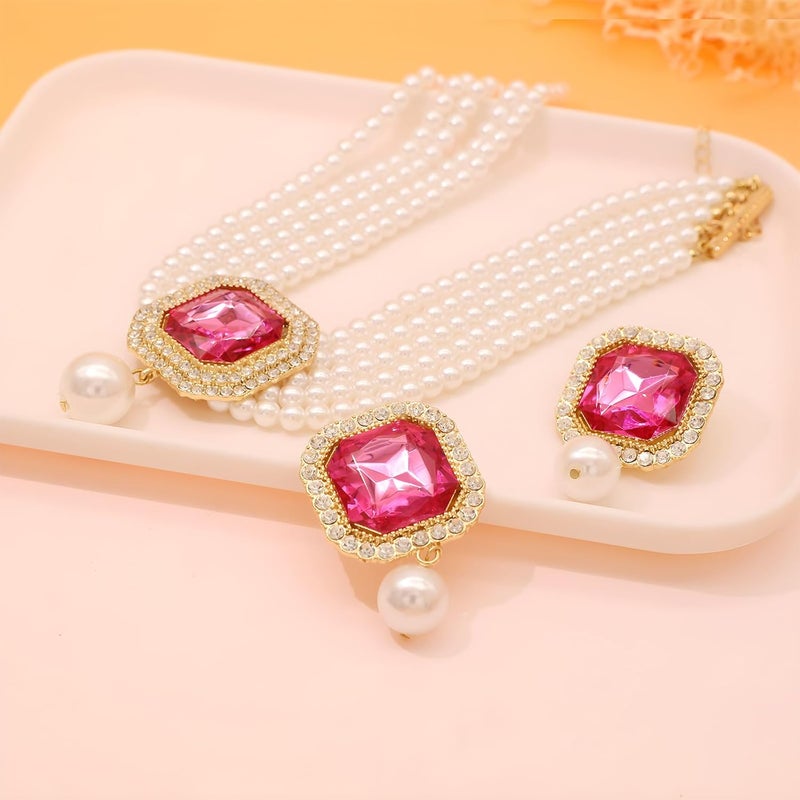 CIOOU Pearl Choker Necklace for Women Gold Crystal Rhinestone Pearl Collar Statement Necklaces Earrings Bridal Pearls Diamond jewelry Set for Wedding - Image 4
